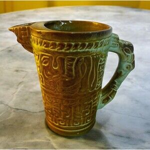 Vintage Frankoma Pottery Pitcher Mayan Aztec Prairie Green Large 8" Tall